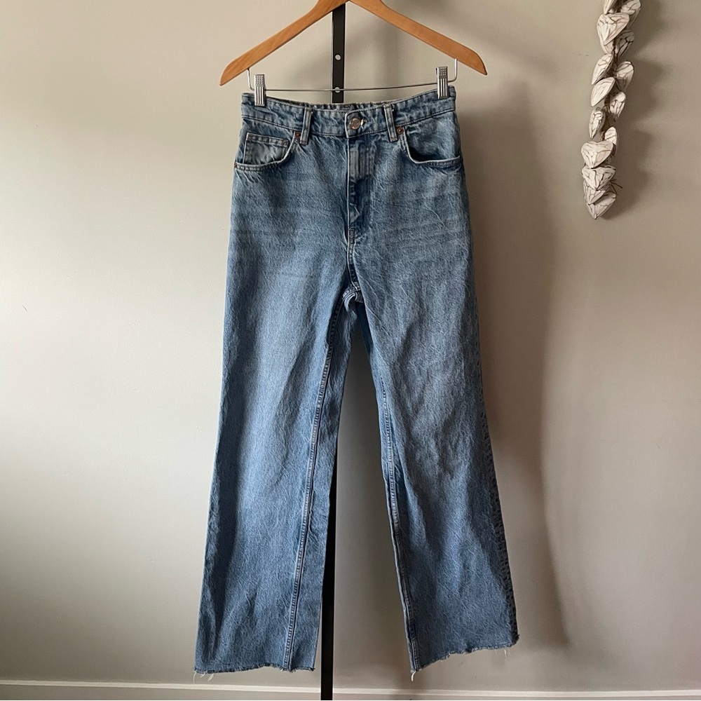 Zara Wide Leg High Rise Raw Hem Straight Denim Jeans Long Longline Size 6 Small